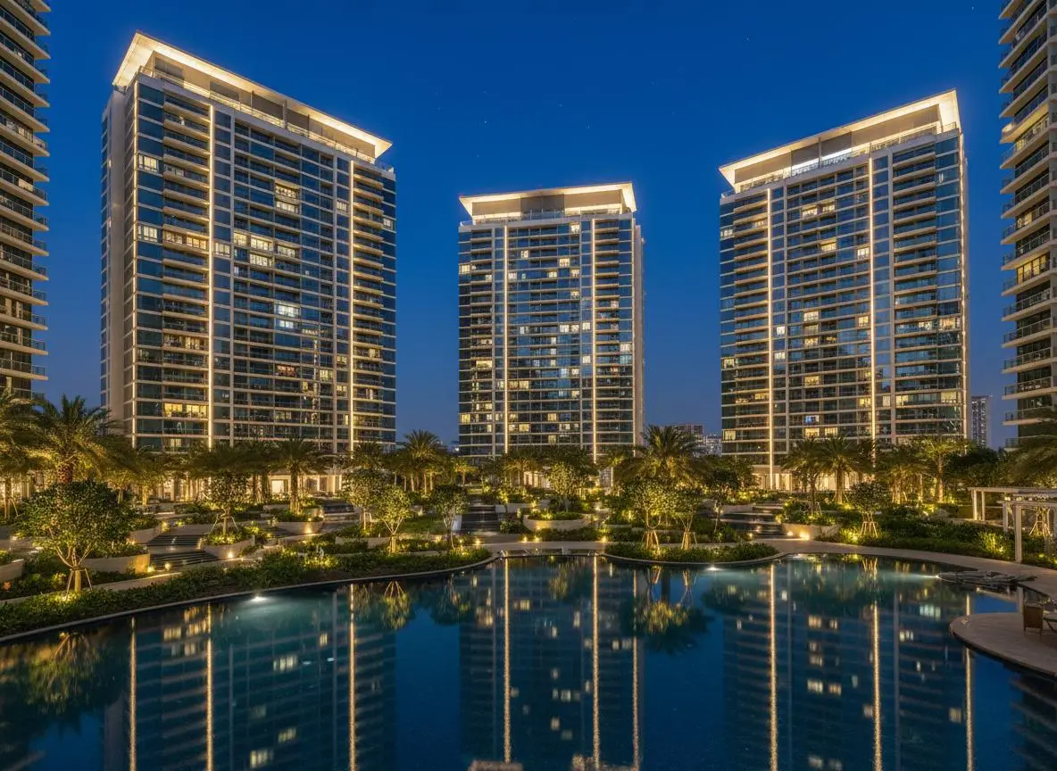Godrej Vanantara outdoor leisure pool with deck and landscape framing Godrej Vanantara outdoor leisure pool with deck and landscape framing