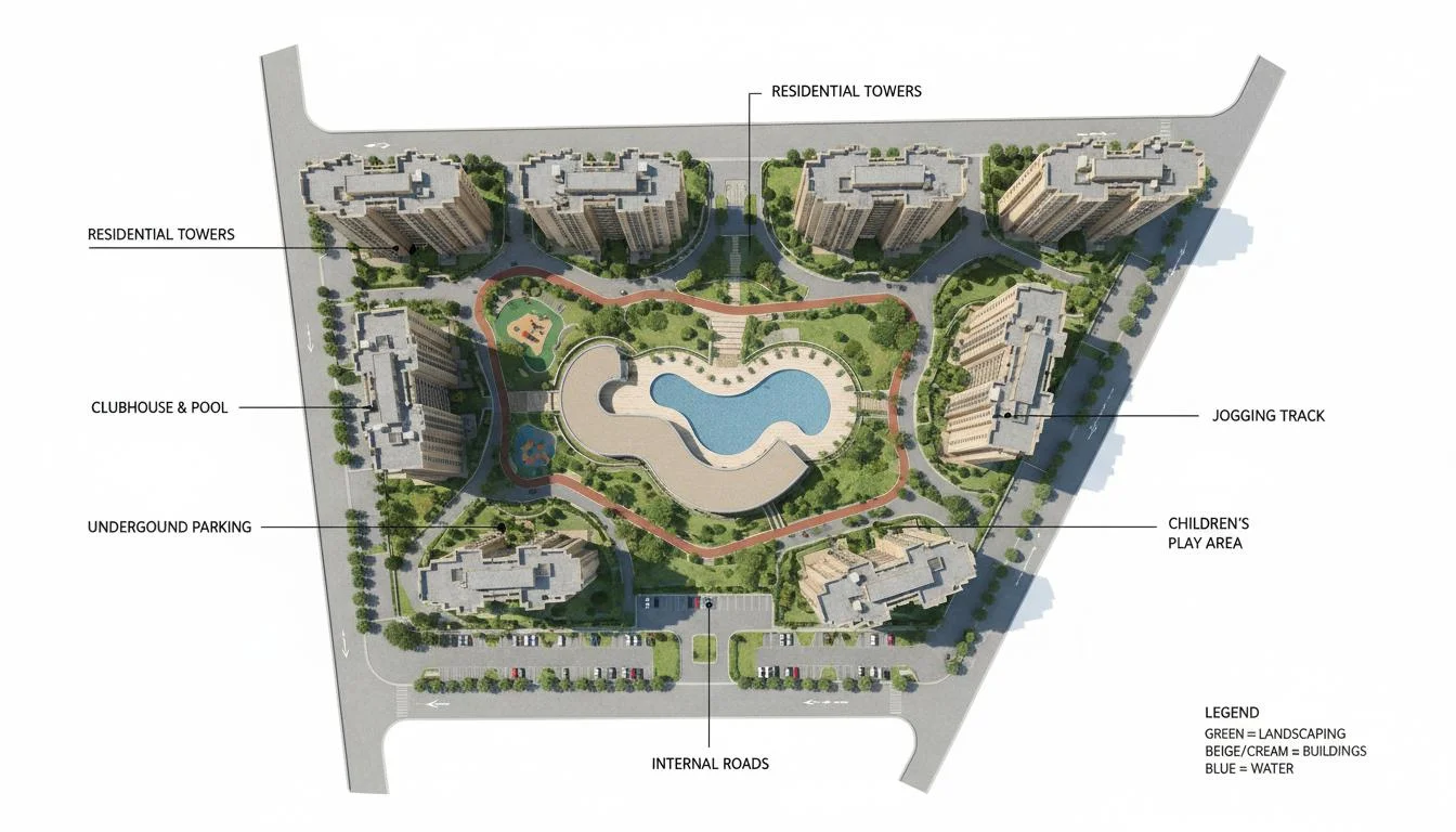 Godrej Vanantara master plan site layout showing 18 towers, central clubhouse and 4-acre forest zone Godrej Vanantara master plan site layout showing 18 towers, central clubhouse and 4-acre forest zone